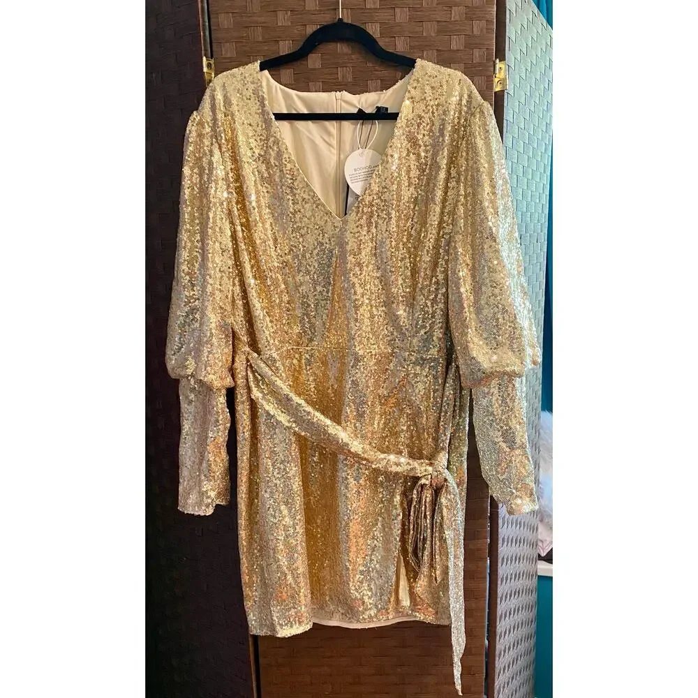Sequin Puff Sleeve Tie Belted Mini Dress- Size 20 - Picture 3 of 6